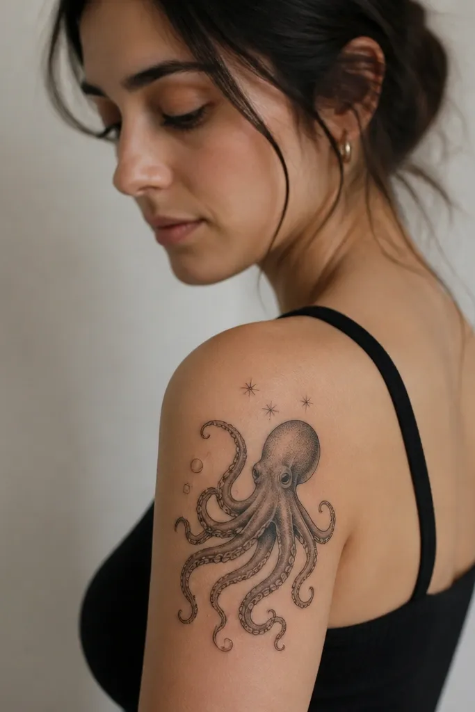 A black-and-gray octopus on the outer shoulder with two to three small bubble shapes floating near the tentacles. Tiny star-like sparkles sit near the head. The bubbles are outlined lightly and filled with soft gray.