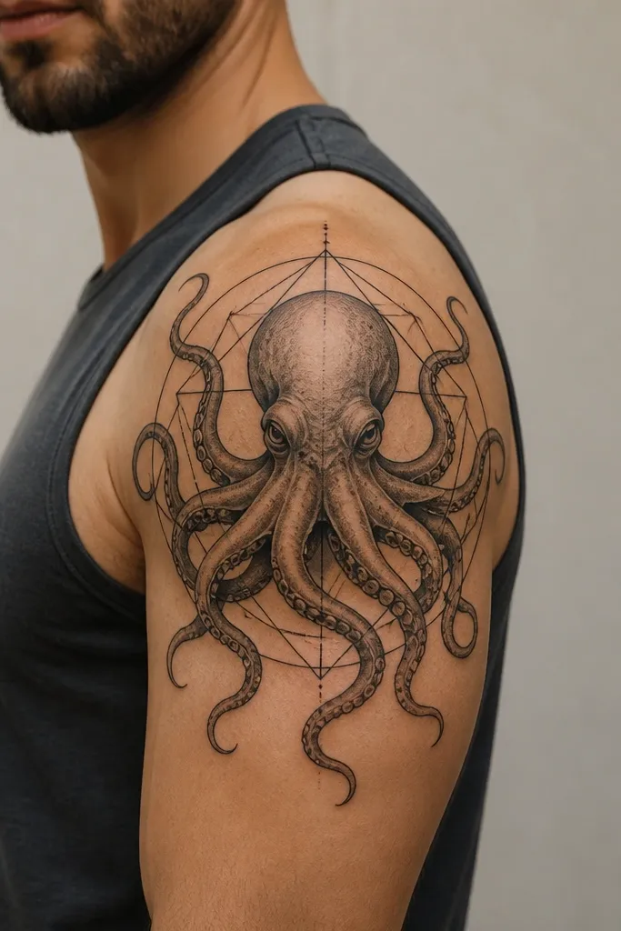 An octopus inside a geometric frame on the shoulder. The frame is made of thin black triangles and lines that curve around the deltoid. The octopus head is centered, and the tentacles extend beyond the frame edges.