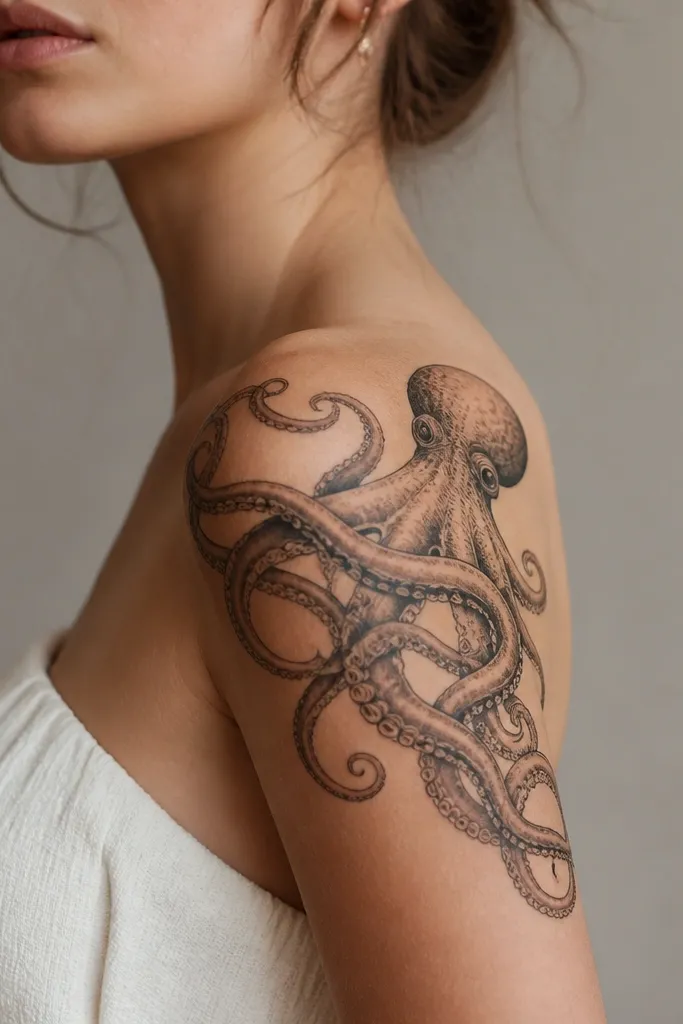 A shoulder tattoo that looks like a sash. The octopus head sits near the outer shoulder crease, and the tentacles flow diagonally across the upper arm seam. The tentacles overlap and form a diagonal band.