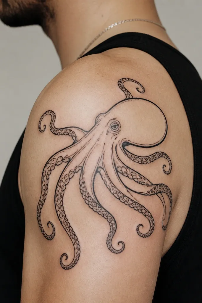 A crisp black outline octopus tattoo with no gray shading. The tentacles are drawn in clean continuous lines, and each sucker is a small ring or dot. The head outline is sharp, and the tentacles fan outward across the deltoid.