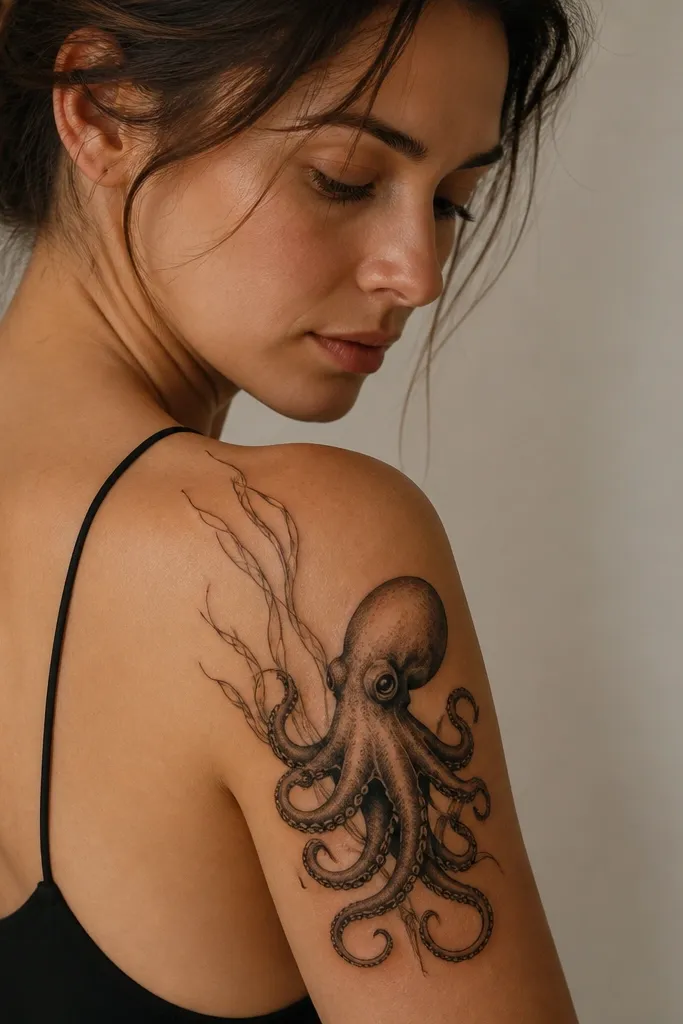 An octopus on the outer shoulder with two or three thin seaweed-like trails flowing behind the tentacles. The seaweed is drawn as fine curved lines that extend upward and backward. The tentacles remain the main bold element, with suckers and subtle shading.