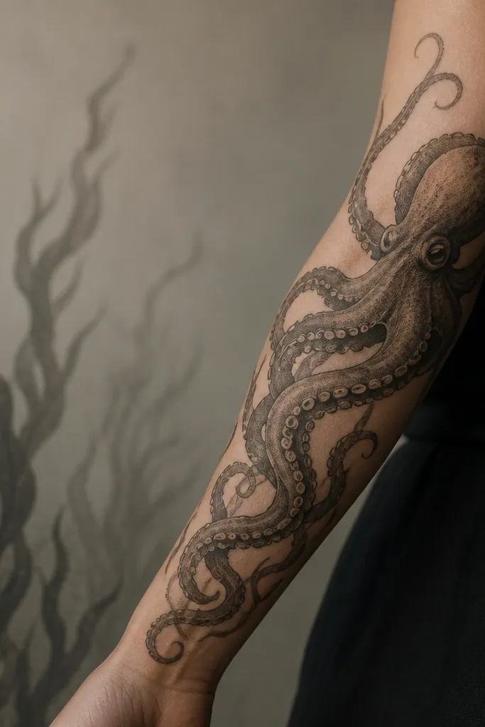 An octopus wrapping along the outer forearm with tentacles curling outward, plus darker seaweed-like shapes fading into lighter gray in the background.