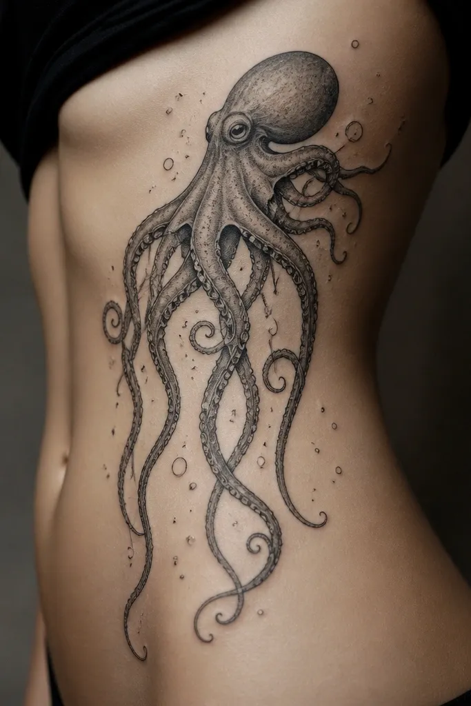 A black-and-gray octopus on the side ribs, head near the upper rib, tentacles drifting down with long, clean lines, and small bubble specks scattered lightly.