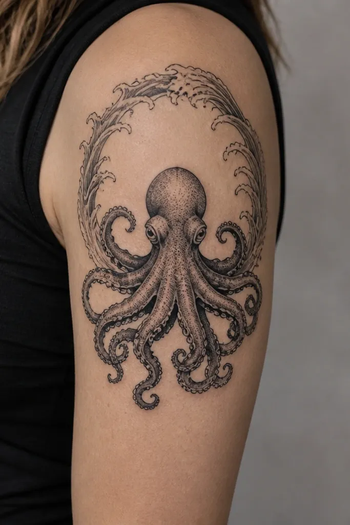 A black-and-gray octopus sitting like a crest on the upper outer arm, with a thin wave border framing the top and sides.