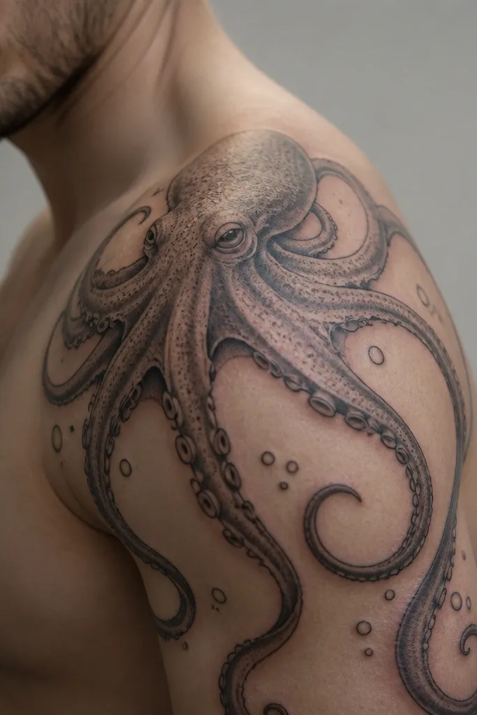A shoulder cap tattoo with an octopus head centered on the shoulder, tentacles spreading over the top of the arm, leaving big patches of skin as water, and a few bubble dots near the edges.
