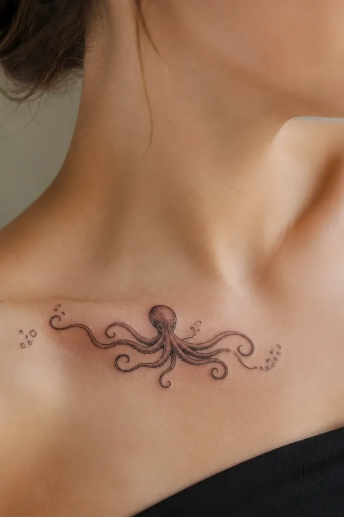 A small black-and-gray octopus placed along the clavicle, head near the center of the collarbone with tentacles curling outward, and a few micro bubbles near the edges.