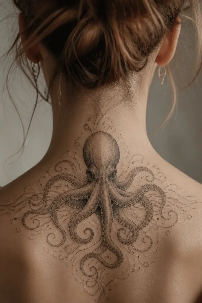 An octopus head centered on the back of the neck with tentacles forming a soft halo shape, with faint wave lines and a few dot bubbles.