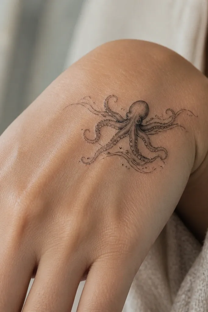 A small black-and-gray octopus on the top of the hand near the knuckles, with a thin wave line and a few micro bubbles along the edges.