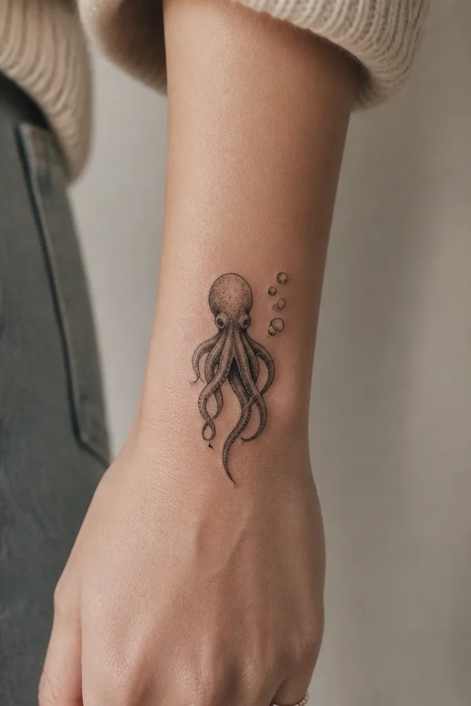 A compact black-and-gray octopus on the outer wrist, head facing up, two main tentacles down, and a small cluster of three to five bubbles near the side.