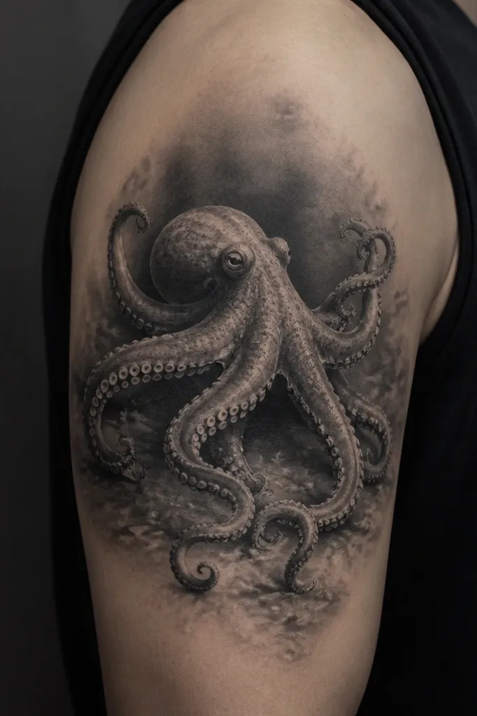 A mid-sized octopus in black and gray centered on the upper outer arm panel, with darker deep-water shading behind and lighter water haze around the tentacles.