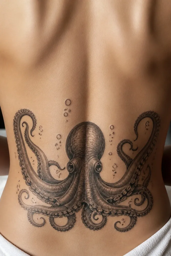 A black-and-gray octopus centered on the lower back, head near the spine, tentacles spread in a U-shape toward both hips with light bubble specks.