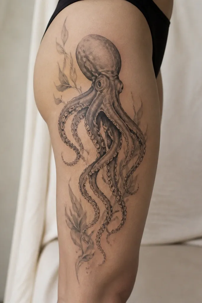 An octopus on the side thigh with tentacles trailing downward, plus floating seaweed shapes in gray wash and a few small bubbles near the tentacle tips.