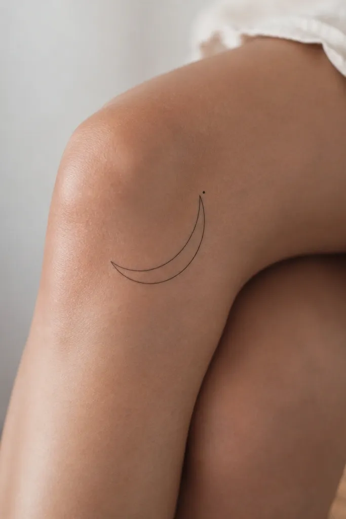 A thin black crescent moon outline on the side of the knee, with a single tiny dot near one tip; the crescent is angled diagonally upward.