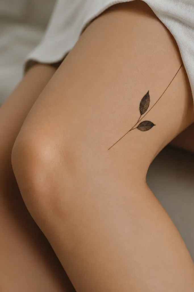 Two small black leaves connected by a single fine stem, placed on the side of the knee with the stem running diagonally upward toward the outside thigh.