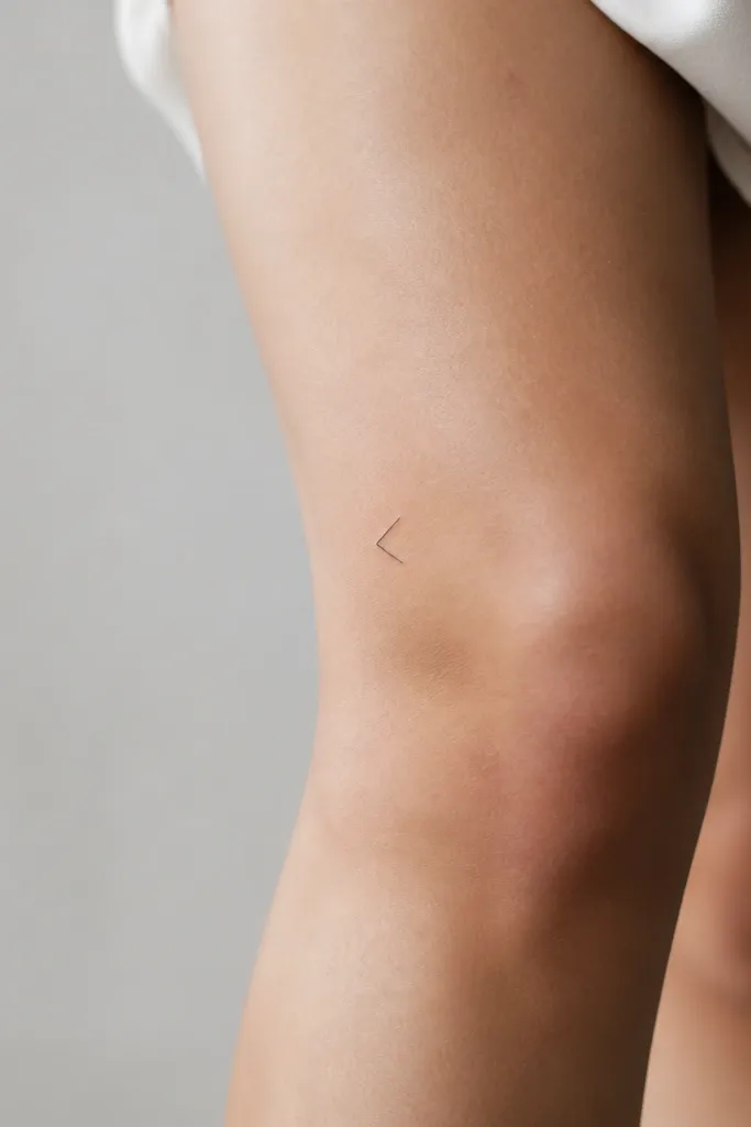 A small black angle bracket shape (like a < rotated) on the side of the knee, drawn with ultra-thin lines and sharp corners.