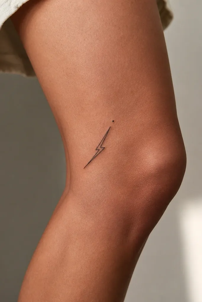 A small black lightning bolt angled diagonally up the side of the knee, ending near a single tiny dot.