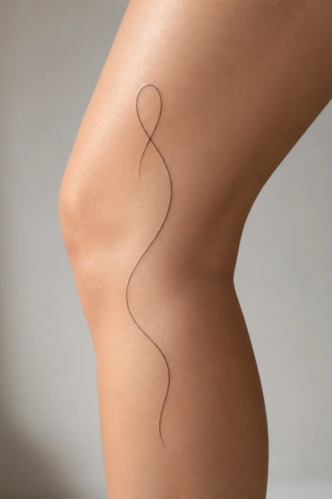 A thin black ribbon-like curve drawn as one continuous line on the side of the knee, with one small loop near the top.