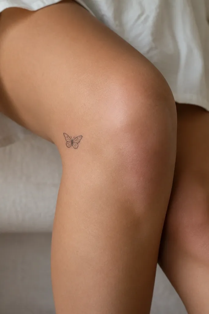 A tiny black butterfly outline with minimal wing lines on the outer side of the knee, wings open slightly outward.