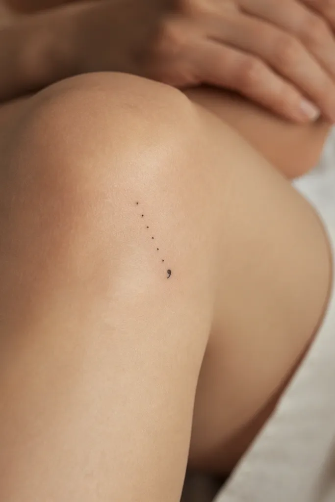 A short diagonal trail of tiny black dots on the outer knee, ending in a small comma-shaped mark.