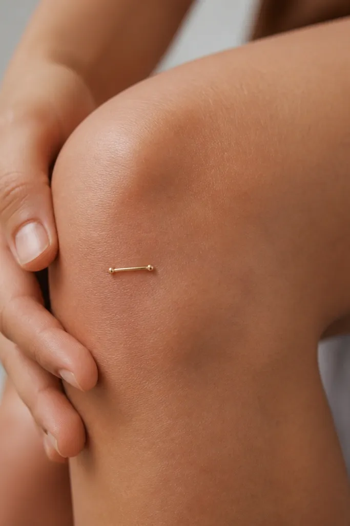A thin horizontal bar on the side of the knee with a tiny circle at each end; overall design is about the size of a coin.