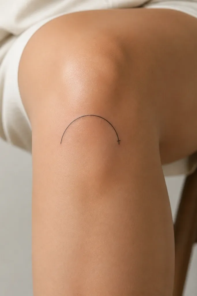 A thin black arch curve on the outer knee, with a small notch mark on one side of the arch.
