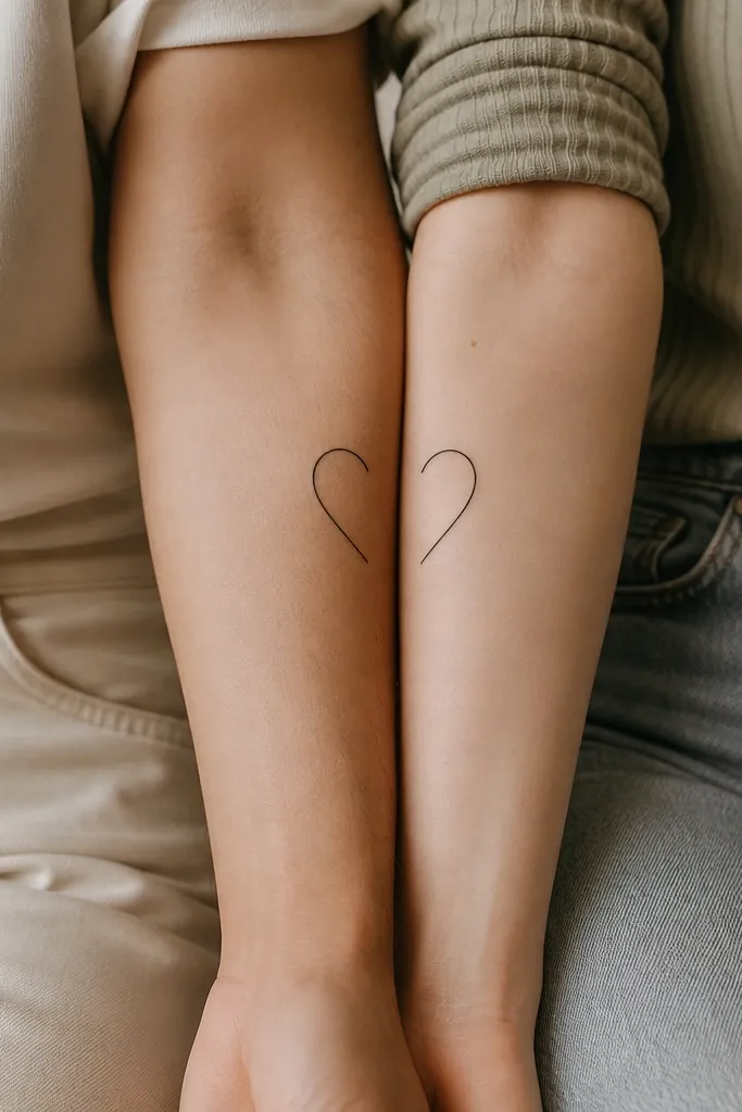 Two minimalist forearm tattoos: one has a left half of a heart made from a single thin outline; the other has the right half. When arms are placed side-by-side, the lines form a full heart. Black ink only.
