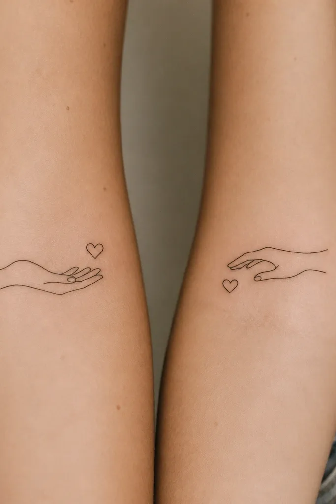 Two matching tiny tattoos: each shows a minimalist hand outline in a single continuous line. One hand is palm-up, the other is palm-down, and a small heart sits near the fingertips. Black ink.