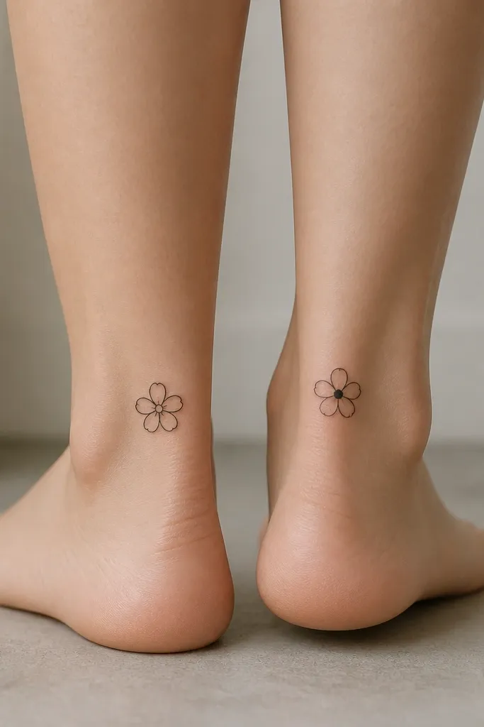 Two small tattoos on ankles: each shows a simple daisy with five petals outlined in black. One daisy has a tiny dot center; the other has a small filled circle center. No color, just black fine-line.