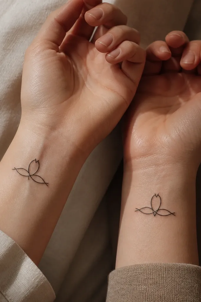 Two small tattoos on wrists: each is a minimalist ribbon knot drawn as a simple looped line. One has a small notch on the top loop; the other has a notch on the bottom loop. Black ink only.