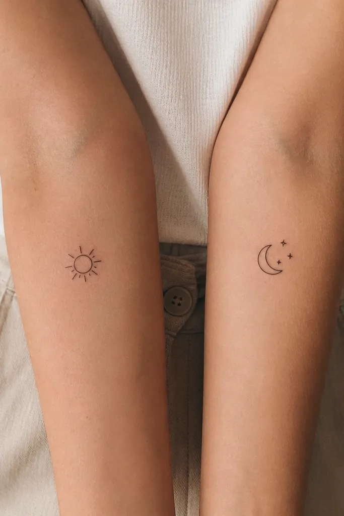 Two minimalist small tattoos on forearms: one has a tiny sun with short straight rays; the other has a small crescent moon with a few tiny stars near it. Both are black fine-line, no shading.