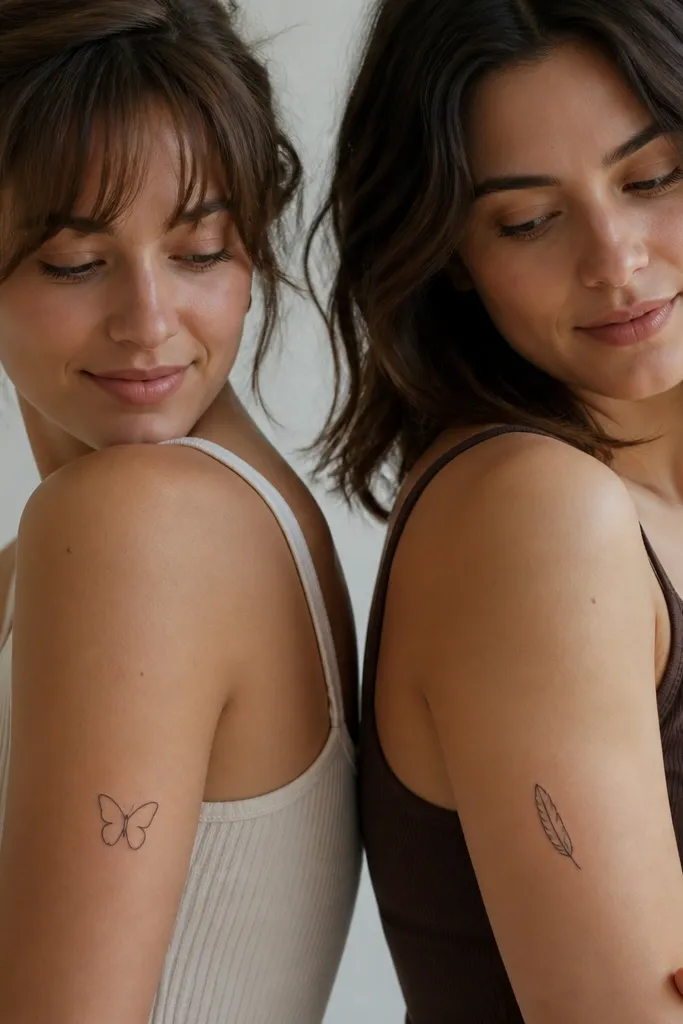 Each tattoo sits on the upper arm: one is a small butterfly outline made of two wings with a simple body line. The other is a tiny feather outline with a single central line. Black ink, minimalist linework.
