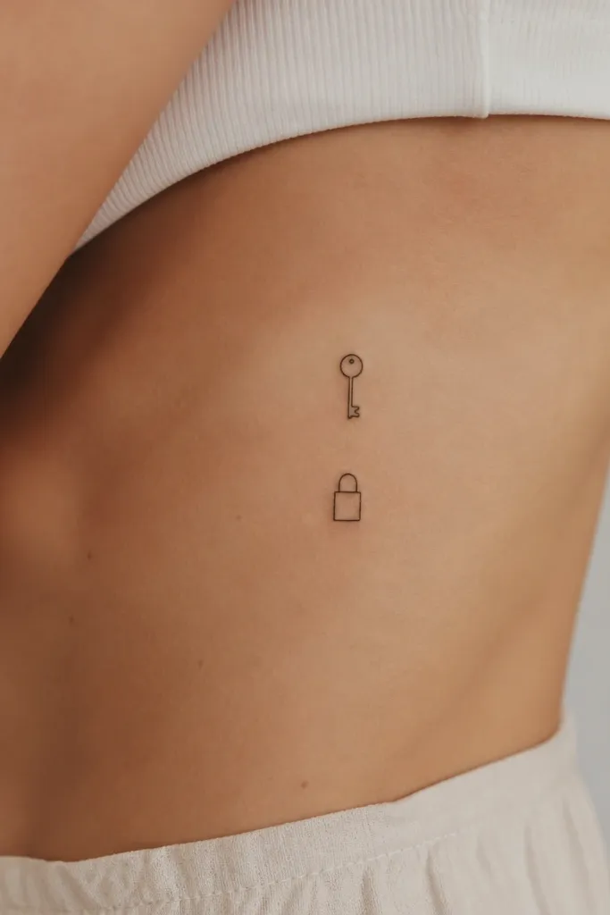 Two small tattoos on the side of the ribcage: one shows a tiny key outline, the other shows a small lock outline. Both are thin black lines with no shading. The key has a single tooth; the lock has one simple shackle line.