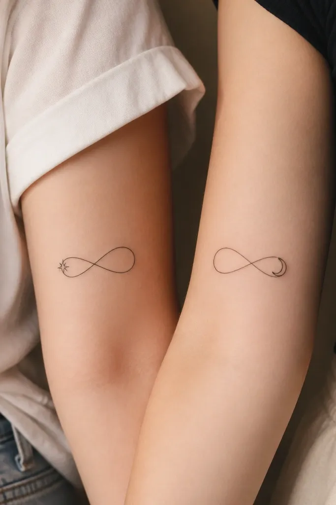 Two tattoos on upper forearms: both have an infinity loop drawn in a single line. One person has a tiny star at the left end; the other has a tiny crescent at the right end. Black fine-line.