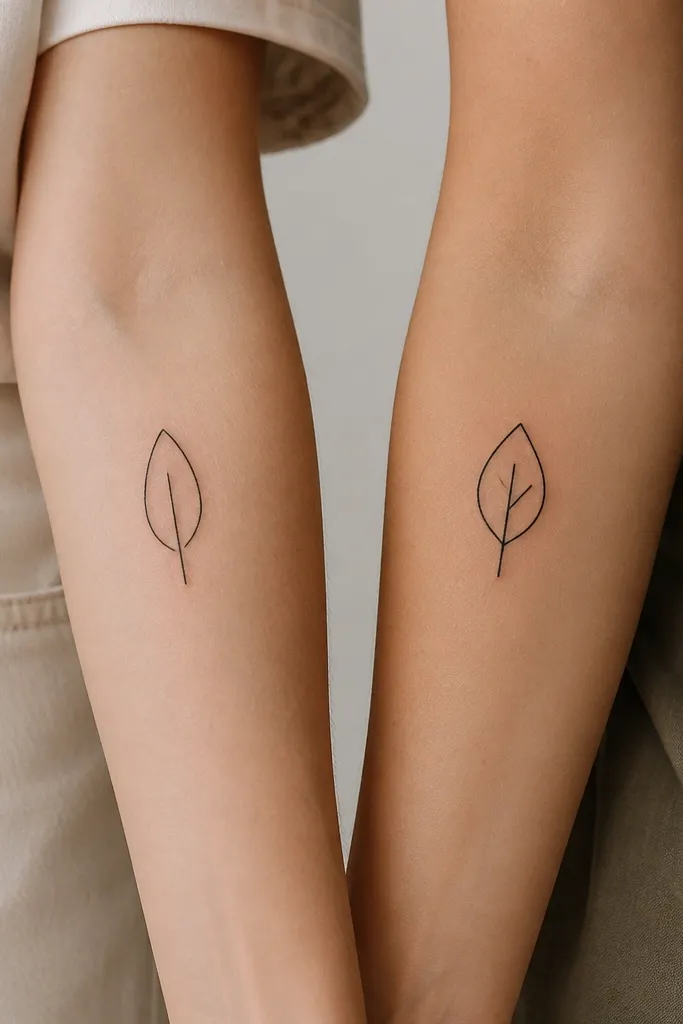 Two small tattoos on forearms: each shows a simple leaf outline. One leaf is drawn with the center vein line only; the other leaf has the center vein plus one diagonal side vein. Black fine-line.