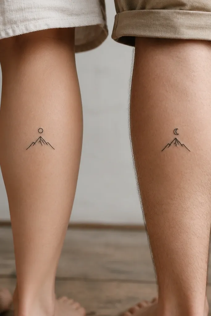 Two small tattoos on calves: each shows a single mountain peak outline with a thin line snow cap. One person's mountain has a tiny sun disk above it; the other has a tiny crescent moon. Black ink only.