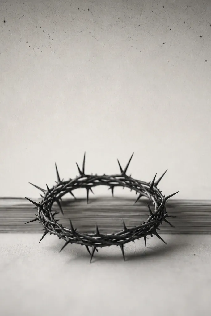 A small thorn crown sits centered, with a thin strip of "page edge" lines behind it. Tiny star specks are scattered near the top edge like dust on paper, all in black and soft gray.