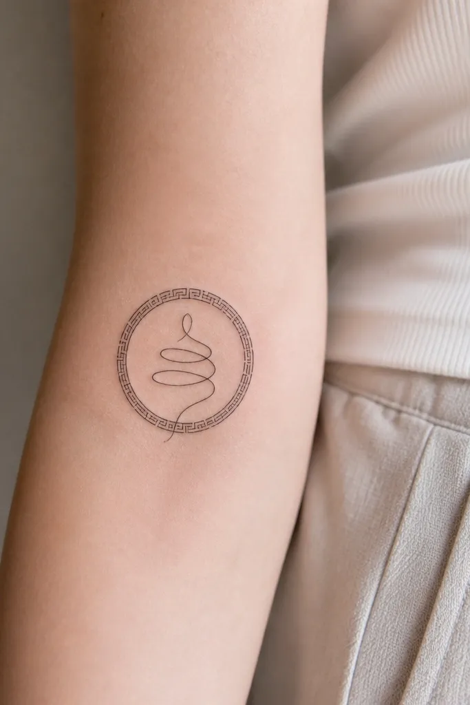 A thin line tattoo showing a looping thread or ribbon that wraps in a spiral. Around it is a very small Greek-key style border in black, with a clean open center.