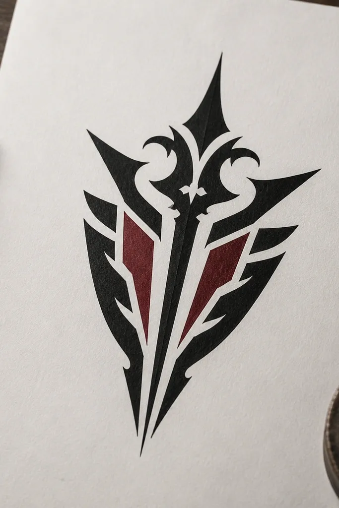 A crest-like symbol with sharp geometry, mostly blackwork. A small amount of deep burgundy ink is used in one or two inner segments, leaving most areas pure black.