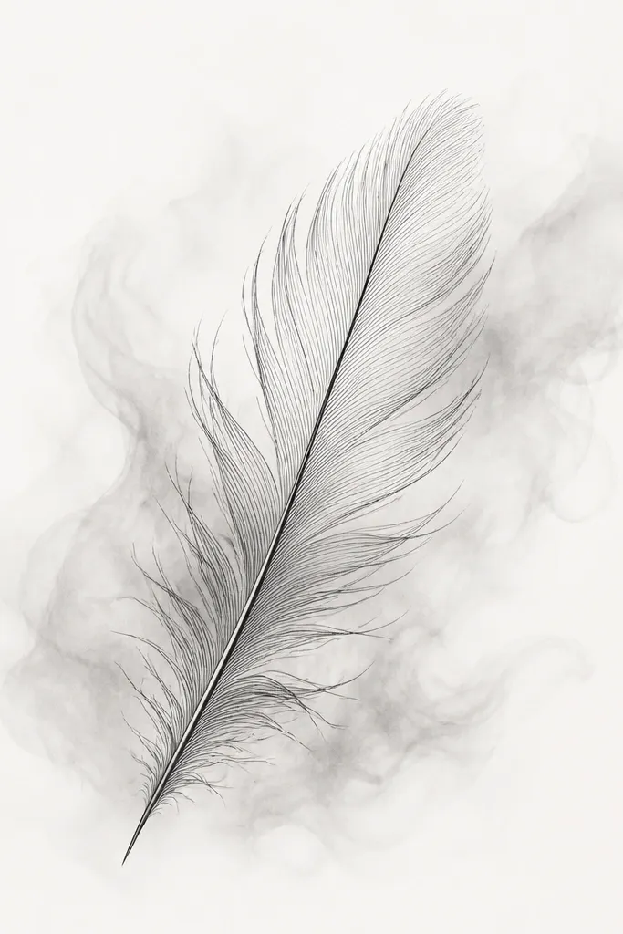 A feather outline drawn in black with fine lines. Behind the feather is a soft smoke-like gray gradient, very light and airy, fading outward.