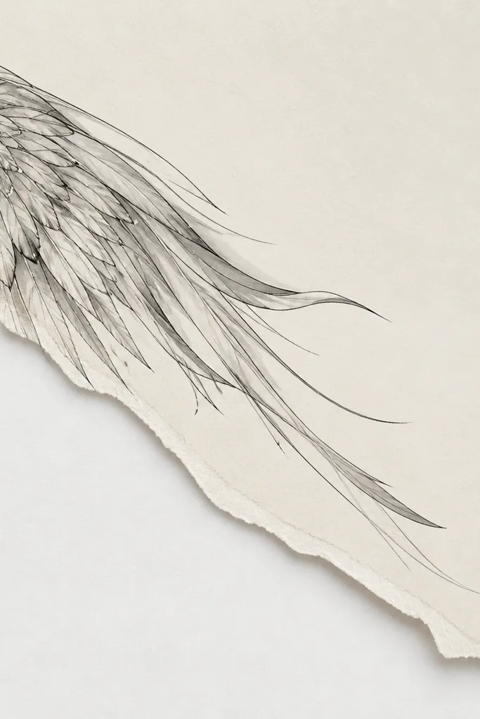 A partial wing design, like a torn page corner. The lines are black with pearl-gray shading in thin streaks. Small dot highlights appear like tiny light hits.