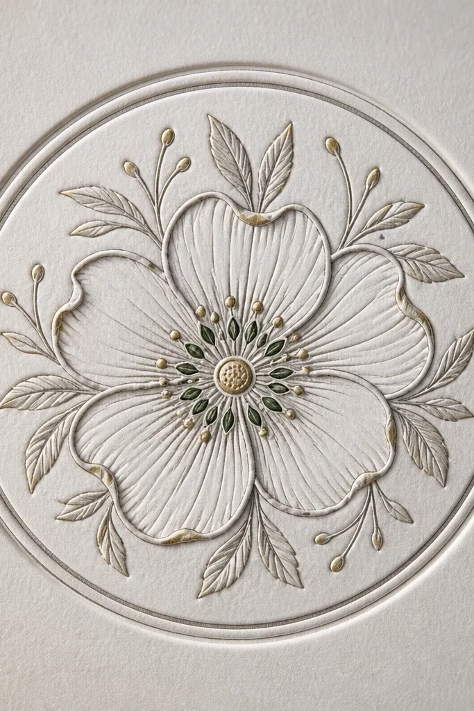 A flower seal with a circular border. Most is black linework and soft gray shading. Small micro accents of forest green and muted gold appear in the center and a few petal tips.