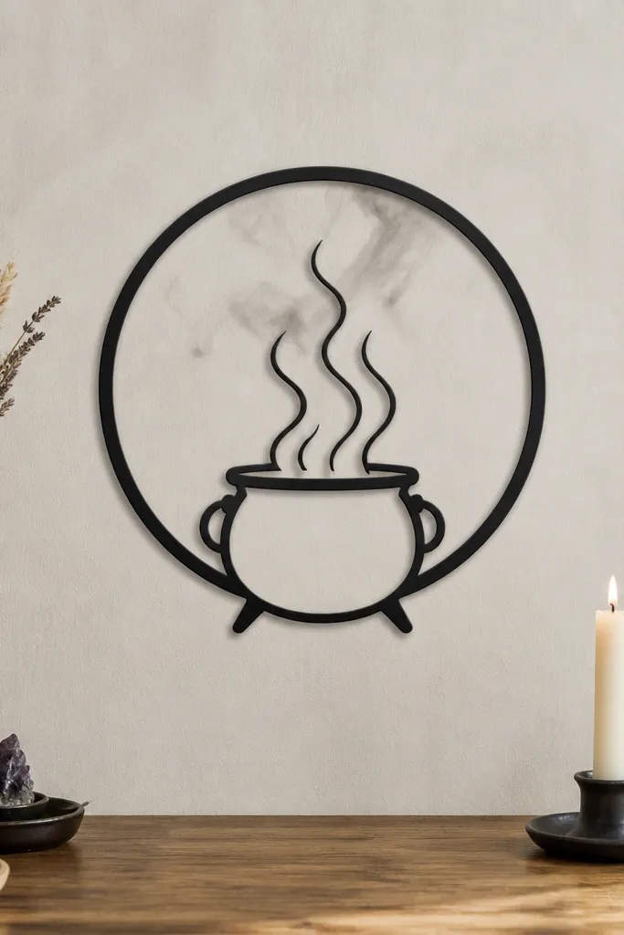 A circular cauldron outline in blackwork. Inside the ring, there's no fill; instead, thin steam lines rise in negative space, with a few soft gray wisps near the top.