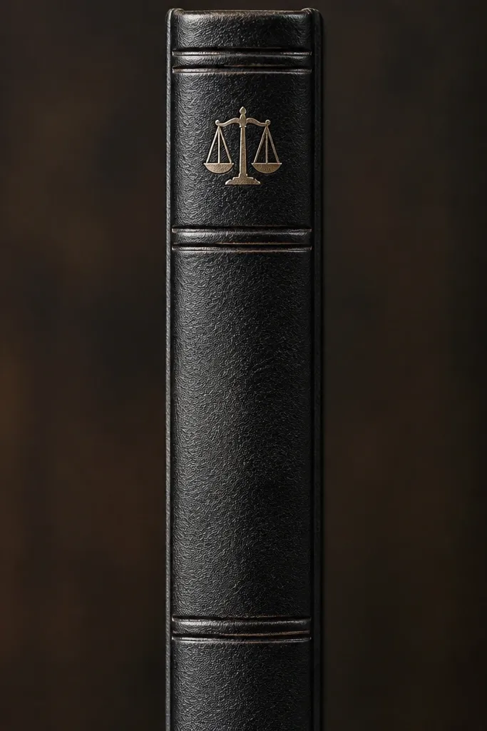 A narrow vertical "book spine" strip in black and gray. A single small court symbol sits near the top, like a label. No readable text, just spine lines and a small emblem.