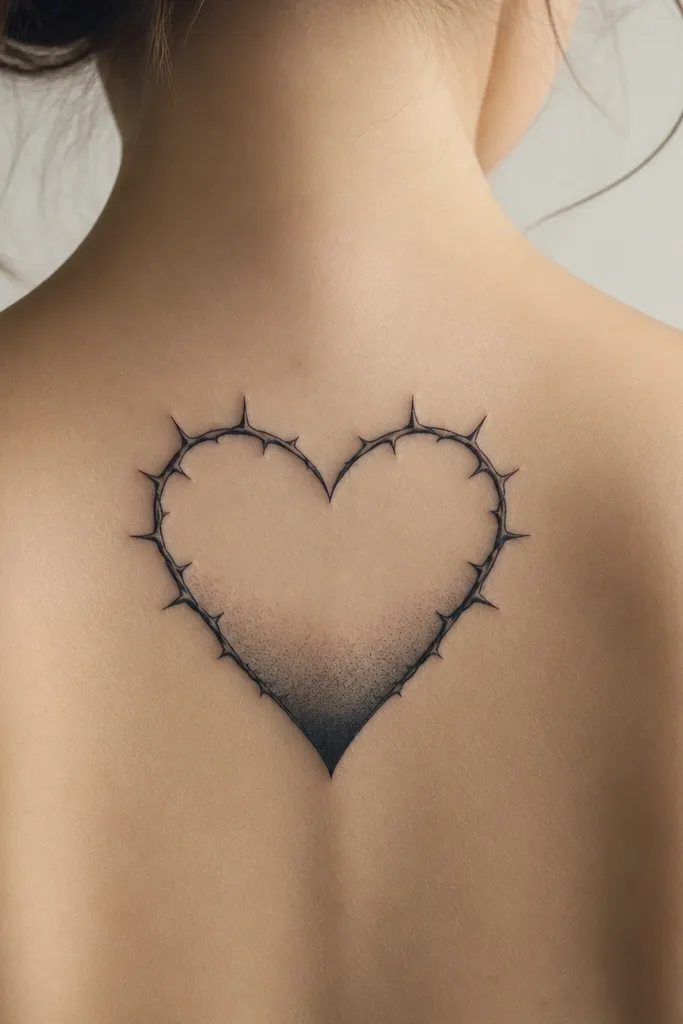 A heart outline drawn in black with small thorns on the top and sides. The inside of the heart is mostly empty, with a dark ink fade that starts near the bottom and fades upward.