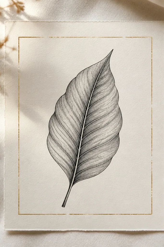 A single leaf in blackwork with soft gray shading. A thin border around it looks like gold thread, drawn as delicate linework with tiny breaks.