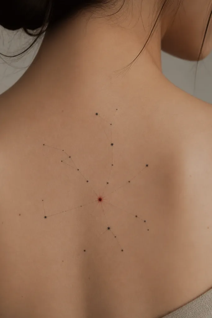 A constellation of small dotwork stars connected by very thin lines, with one noticeably brighter red star at the center. The rest of the stars are black and charcoal gray dots fading outward.