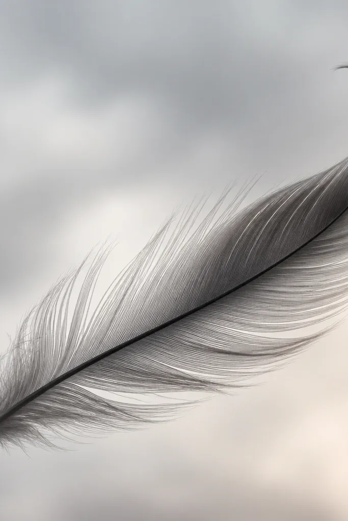 A single sweeping feather shape with a strong black midrib, soft gray shading fading outward, and a slightly curled tip. The feather looks like it's caught in motion.