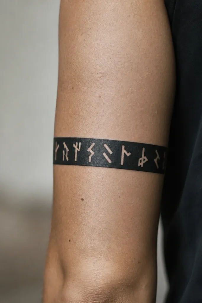 A single horizontal band tattoo with rune-like symbols carved into the black ink. The band has crisp edges and the symbols are negative-space cuts in the ink.