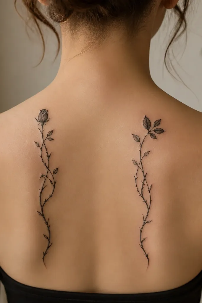 A vine curling upward with thorns branching off near the top. One tattoo ends with a small rosebud; the other ends with a simple leaf cluster.