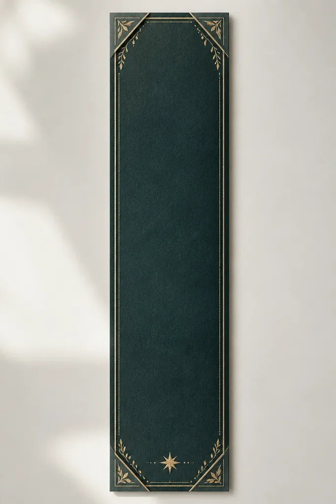 A narrow vertical banner like a book spine with decorative corner folds, no readable words. The edges have fine linework and a small star at the bottom.